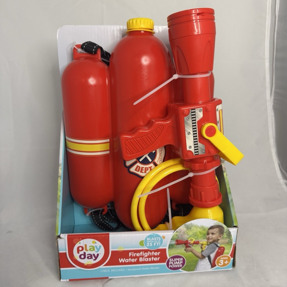 Play Day Firefighter Backpack Water Blaster – Firehose Role Play Toy for Outdoor